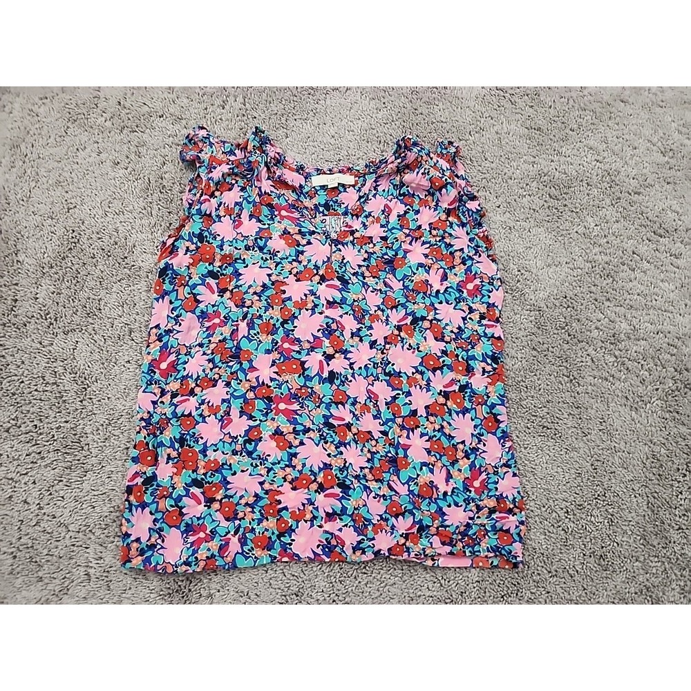 Loft Blouse Women Small Petite Pink Blue Floral Ruffle Sleeveless Rayon Top